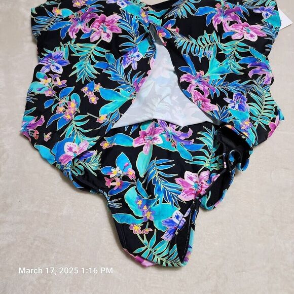 Swimsuits For All One Piece Swim Dress Sz 34 Black Floral Shelf Bra Swim Skirt - Picture 3 of 12